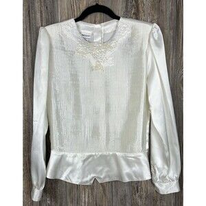 Nicola White Satin Blouse Pleats Peplum Beaded Romantic Victorian‎ Size 10